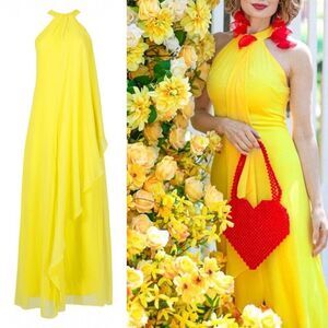 NWT Meghan LA Aphrodite Maxi Dress Size Medium Yellow Halter Ruffle Slit Gown